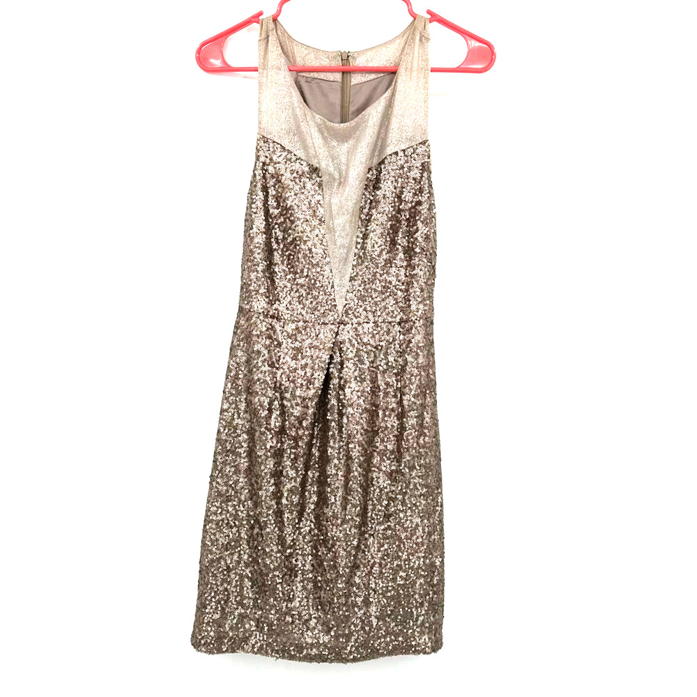 ark & co size small sleeveless bronze gold sequin‎ dress lined illusion deep v